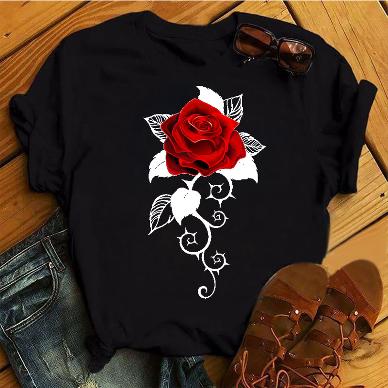 Musical Note Rose T Shirt 个性音符玫瑰花印花圆领短袖T恤黑色 - 图1