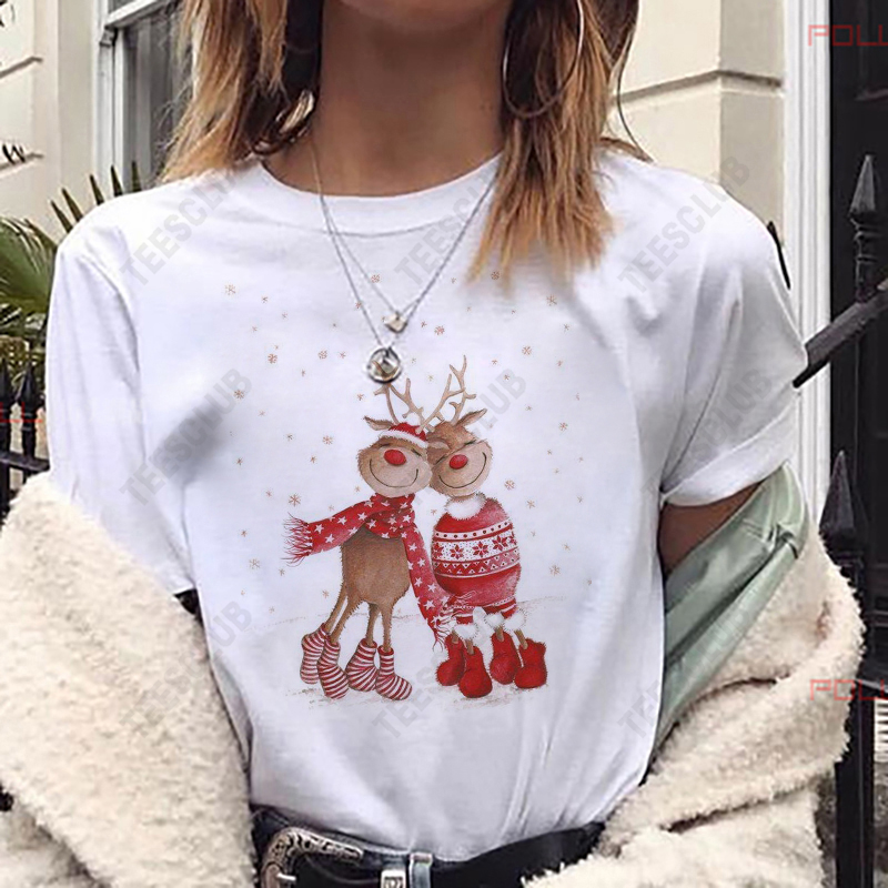 Cute Santa and Reindeer T shirt 2021年新款圣诞节卡通T恤短袖 - 图2