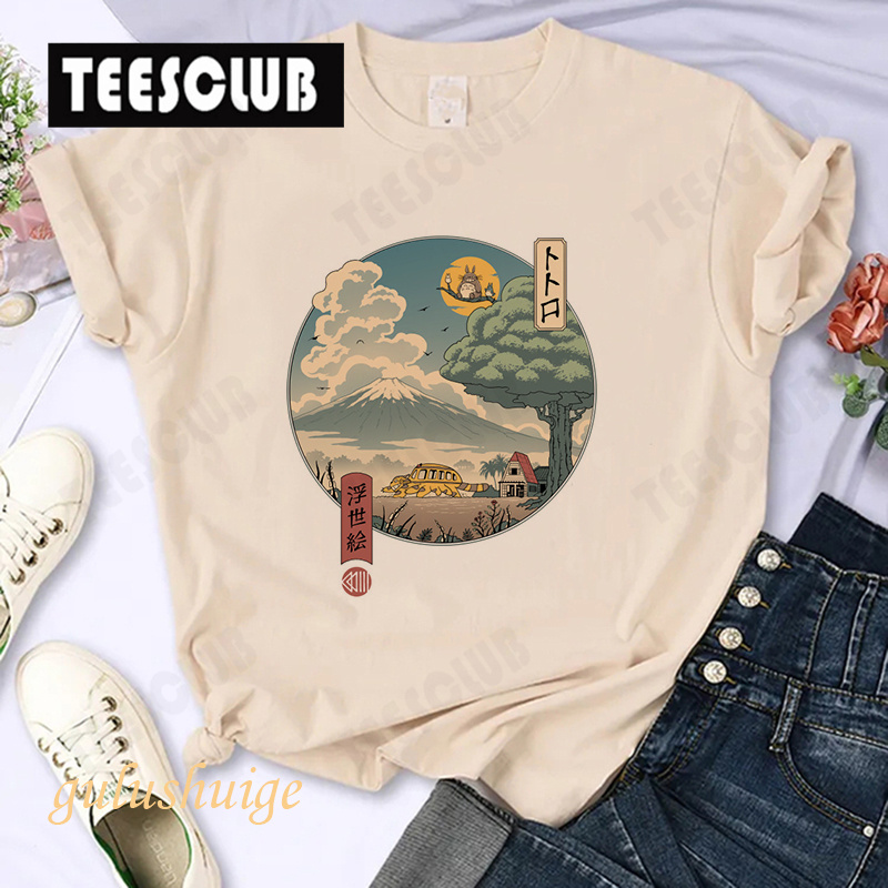 Totoro T-Shirt 日系动漫龙猫印花男女情侣休闲T恤短袖杏色上衣 - 图0