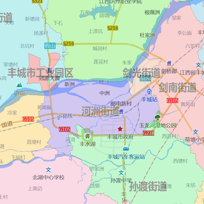 丰城市地图1.15m江西省宜春市折叠版办公室装饰贴画会议室壁画
