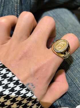 欧美式新款嘻哈HIPHOP饰品钛钢镀金镶钻戒指男款小众高级感指环潮