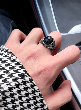 个性复古雕花黑宝石戒指男士