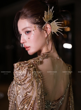 原创康康老师同款小众礼服耳挂鎏金气质耳饰婚礼跟妆新娘头饰配饰