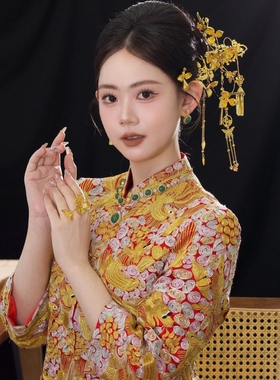 百搭不挑人金色秀禾头饰婚礼跟妆龙凤褂配饰新娘发簪古风发钗1005