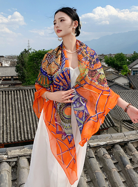 橙色民族风仿真丝披肩大方巾夏季丝巾女薄款百搭纱巾旅游防晒披风