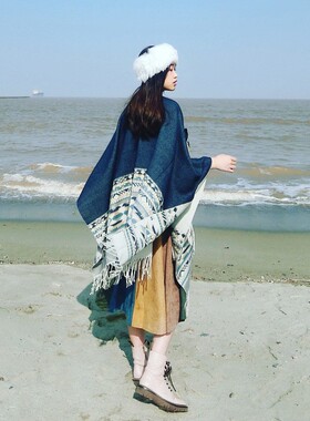加厚保暖旅游披肩女仿羊绒外搭双面民族风斗篷空调房几何披风盖毯