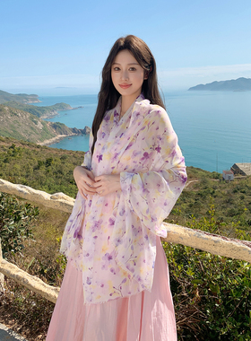 春夏季绿色印花丝巾女韩版百搭防晒披肩旅游度假防晒遮阳纱巾围巾