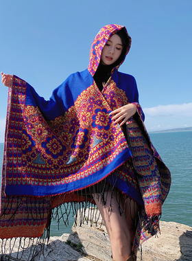 旅游穿搭连帽大披肩女青海湖旅行外套夏季新疆西藏拍照民族风斗篷