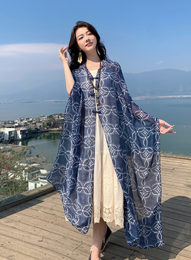 中式盘扣披肩围巾旅游防晒外套复古波西米亚风印花百变丝巾女夏季
