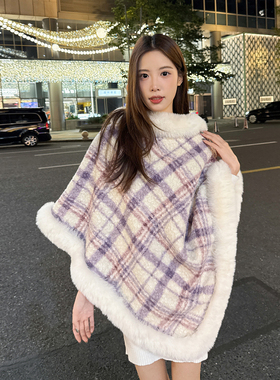 公主风格子毛领斗篷披肩女秋冬保暖加厚设计感宽松毛毛领外套披风