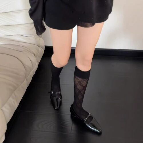 菱格黑色小腿袜子女夏季薄款微压显瘦长筒袜夏天丝袜半筒袜透气袜 - 图1