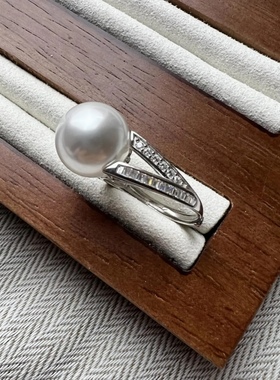 S925银精工镶嵌人造澳白珍珠开口戒指正圆强光大气指环