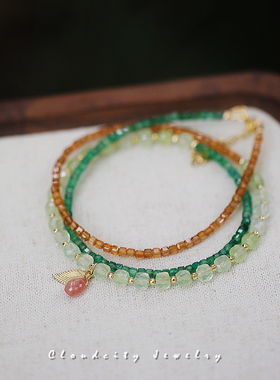 Cloudcity原创设计自然灵感草莓晶橙石榴石葡萄石14K注金多圈手链