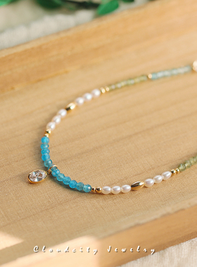 晴川 Cloudcity原创设计清新蓝绿磷灰石淡水珍珠14K注金手作项链