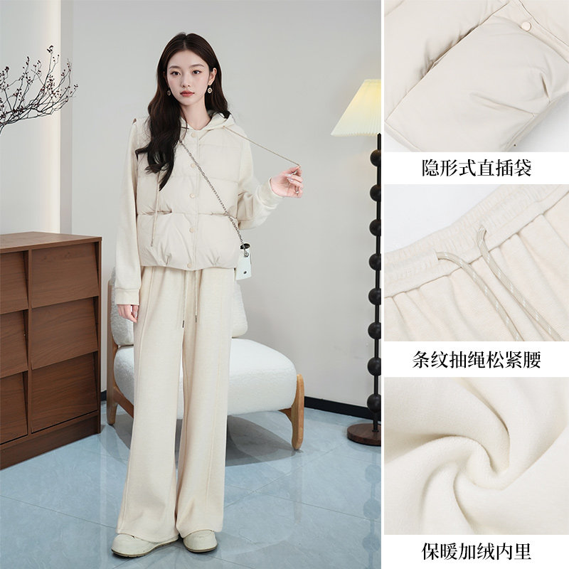 朵以2025冬季新款皮马甲棉衣无袖棉服加绒连帽卫衣阔腿裤三件套,淘宝优惠券,粉丝福利购,淘宝优惠卷
