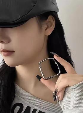 欧美极简枪灰色方形耳圈女