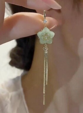 小清新长款绿色花朵流苏耳环
