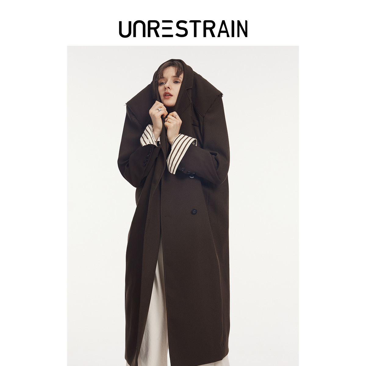 【UNRESTRAIN】UNR设计师品牌24早春棕色廓形长款大衣厚款风衣女