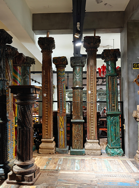 印度手工雕花老木矮柱罗马柱中古风侘寂风禅意落地装饰摆件置物架