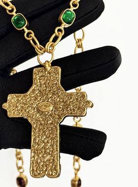 【质感牛】中古彩色琉璃十字架毛衣链24k镀金长款项链配搭外套女