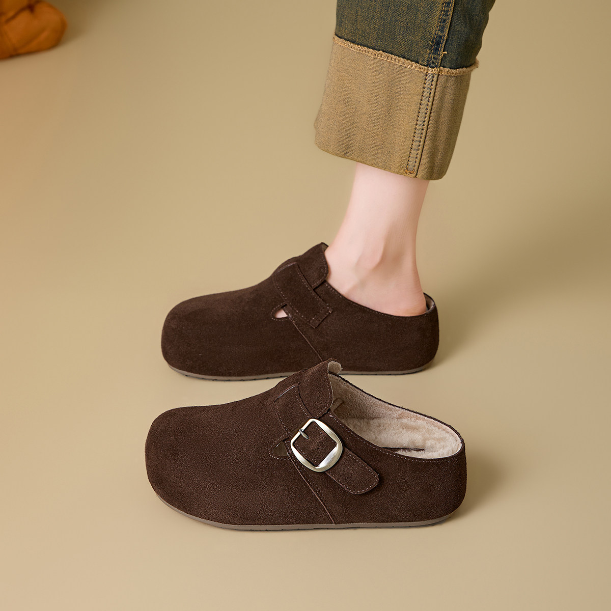 DFuse反绒皮勃肯鞋女深口单鞋方扣一脚蹬懒人鞋百搭休闲鞋,淘宝优惠券,粉丝福利购,淘宝优惠卷