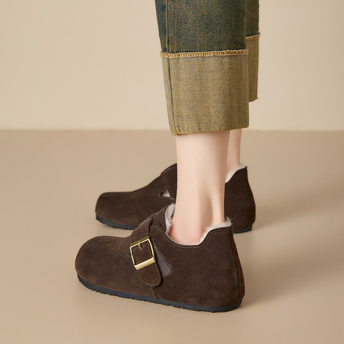 Dfuse迪芙斯平底百搭女鞋加绒全包勃肯鞋深口单鞋软底搭扣毛毛鞋,淘宝优惠券,粉丝福利购,淘宝优惠卷