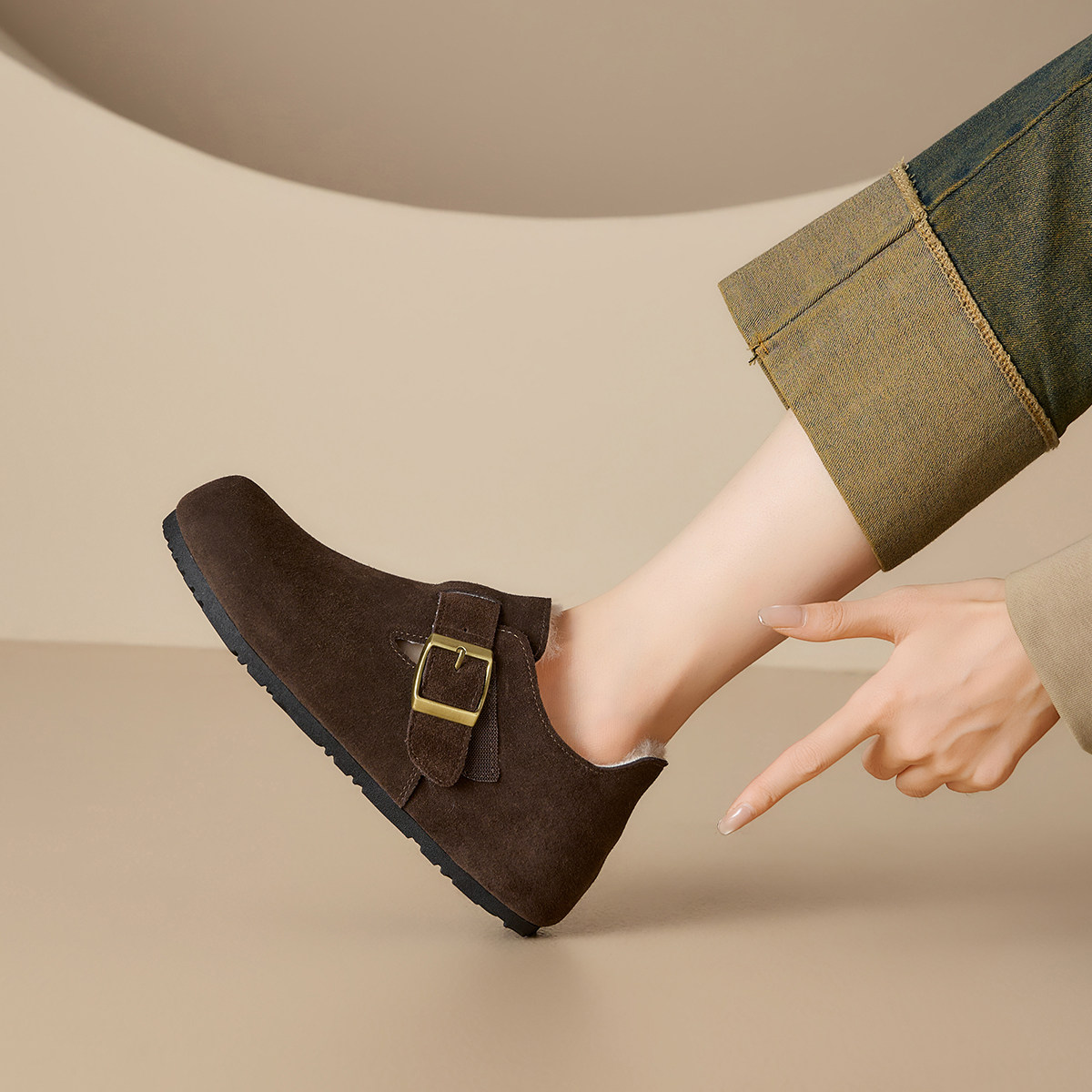 Dfuse迪芙斯平底百搭女鞋加绒全包勃肯鞋深口单鞋软底搭扣毛毛鞋,淘宝优惠券,粉丝福利购,淘宝优惠卷