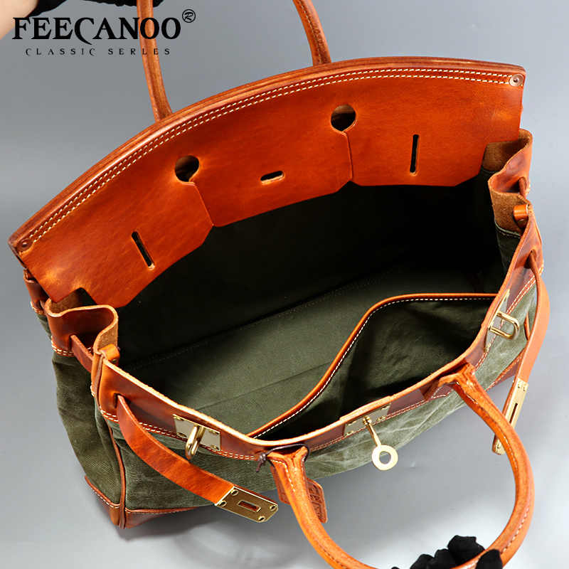 收藏级重磅阿美咔叽 手工真皮帆布小众手提铂金包单肩凯莉包旅行