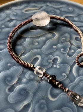 男士休闲手链 天然白水晶龟背 绳编手链 小众设计款