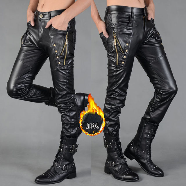 Autumn and winter motorcycle warm leather pants, locomotive, velvet, windproof men's leather pants slimming stage performance men's leather