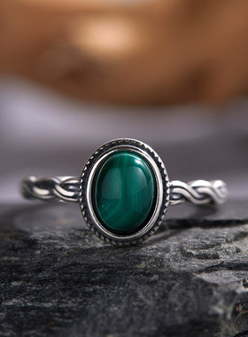 法国chrry koop孔雀石澳宝彩宝戒指女s925银复古做旧泰银螺纹麻花