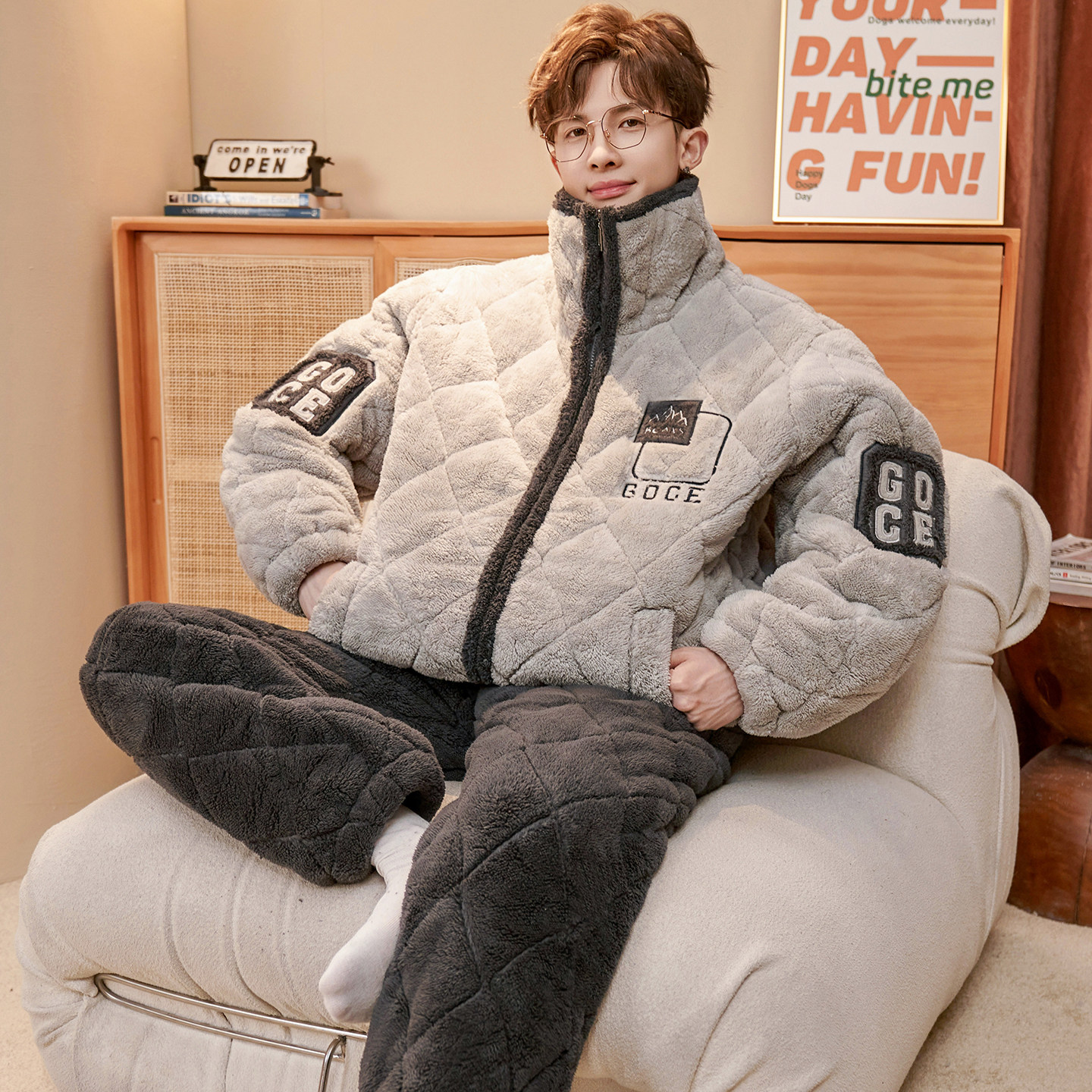 三层加厚夹棉睡衣男款冬天保暖珊瑚绒青少年男生超厚棉袄家居服冬,淘宝优惠券,粉丝福利购,淘宝优惠卷