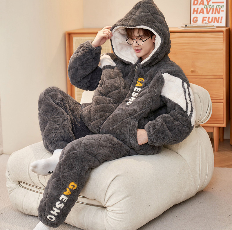 三层加厚夹棉睡衣男款冬天保暖珊瑚绒青少年男生超厚棉袄家居服冬,淘宝优惠券,粉丝福利购,淘宝优惠卷