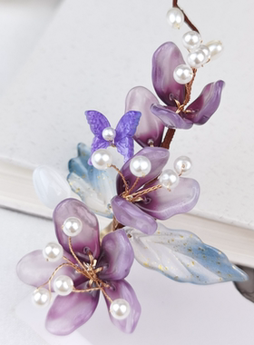 古风发夹仙气流苏紫色花朵
