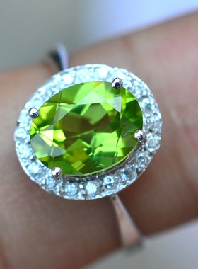 925银镀白金翠绿色天然橄榄石