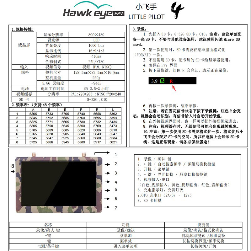 FPV 鹰眼 小飞手4 四代 新款 穿越机5.8G 模拟图传 显示器 卡录 - 图1