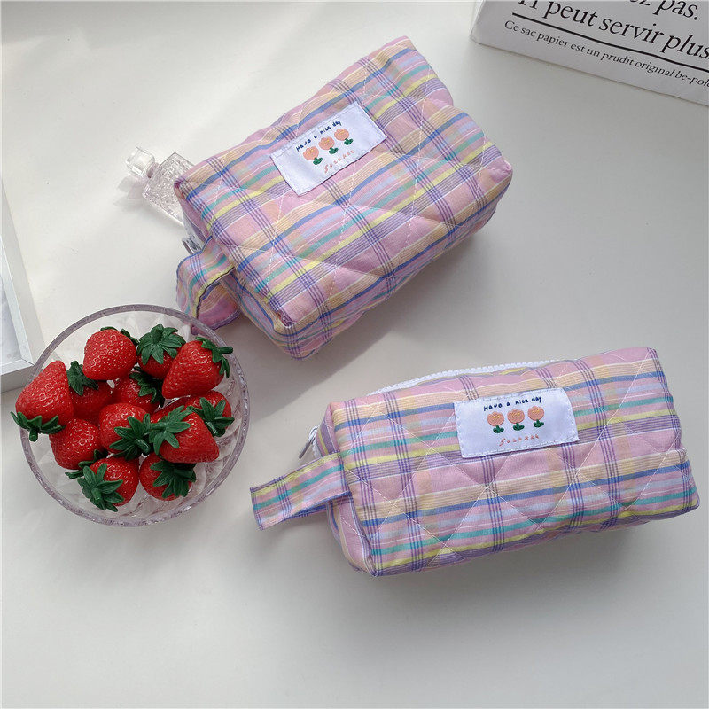 有趣琳 19162 韩国笔袋ins绗缝柔软手提格子收纳整理帆布化妆包,淘宝优惠券,粉丝福利购,淘宝优惠卷