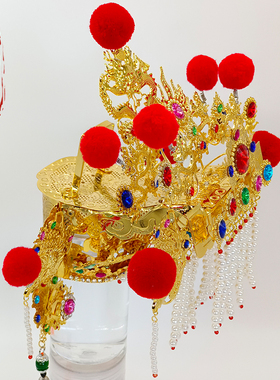 手工绒球双层妈祖帽天上圣母神明帽子白莲圣母临水夫人神像头冠