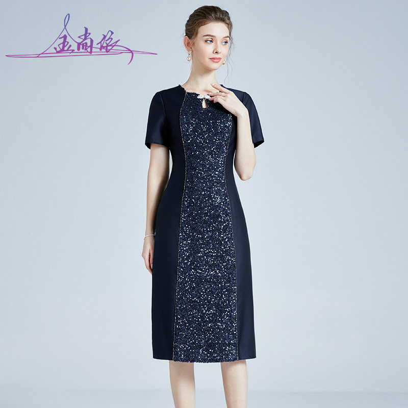 新中式喜婆婆婚宴装礼服2024夏季新款钉珠亮片设计旗袍短袖连衣裙