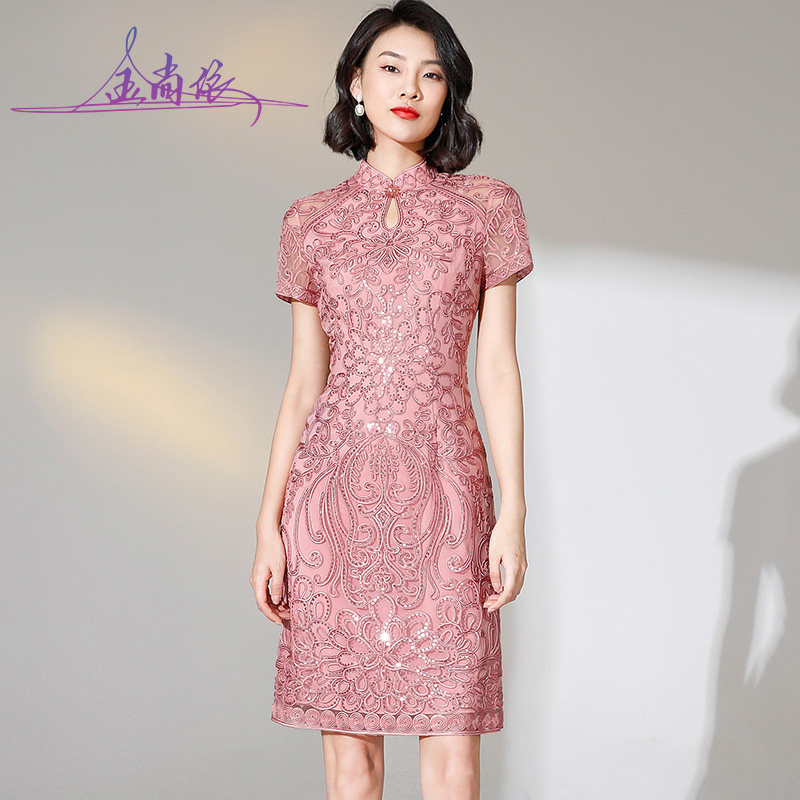 中年喜婆婆旗袍裙夏女儿婚礼妈妈装礼服岳母婚宴装高贵短袖连衣裙