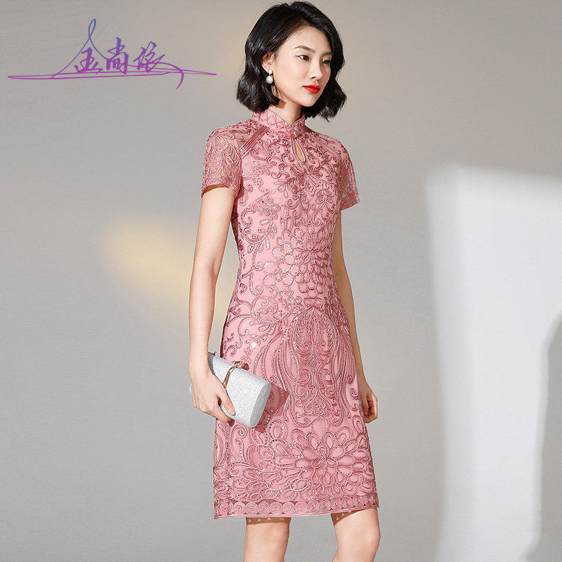 中年喜婆婆旗袍裙夏女儿婚礼妈妈装礼服岳母婚宴装高贵短袖连衣裙