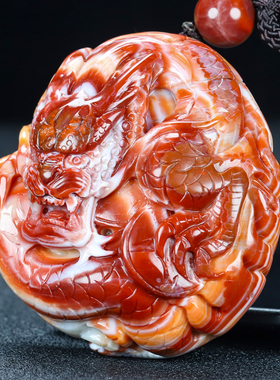 天然四川南红玛瑙吊坠生肖龙牛血红原石雕刻龙手把件男女款45号