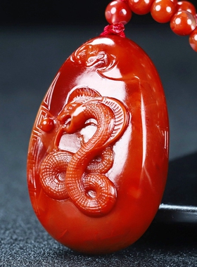 天然四川凉山南红玛瑙南红玉生肖 蛇柿子红灵蛇吐珠吊坠男女款247