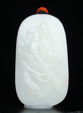 天然新疆和田羊脂玉挂件关公吊坠