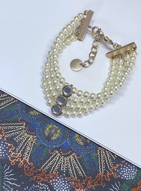 高级复古多层四层珍珠项链宫廷颈链锁骨链手链耳环钉choker镜面黑