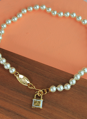 珍珠珐琅土星锁扣复古小众欧美时髦项链尚金属黄铜镀朋克女重工高