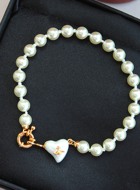 珍珠爱心土星金银两色复古小众欧美时髦尚金属银黄铜手链女可爱扣