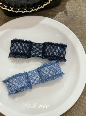 韩国牛仔蓝花纹毛边双蝴蝶结发夹