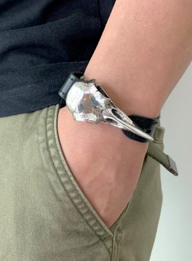 欧美朋克风乌鸦骷髅真皮手环