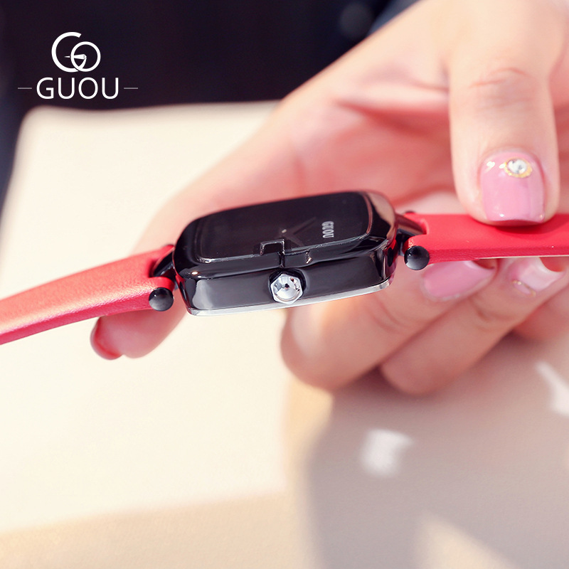 GUOU正品方形潮流时尚简约韩女士学生防水真皮带女表石英手表腕表